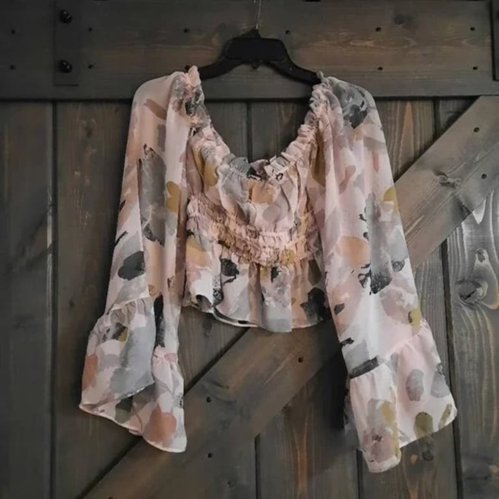 By Together crop bell sleeve blouse top floral S